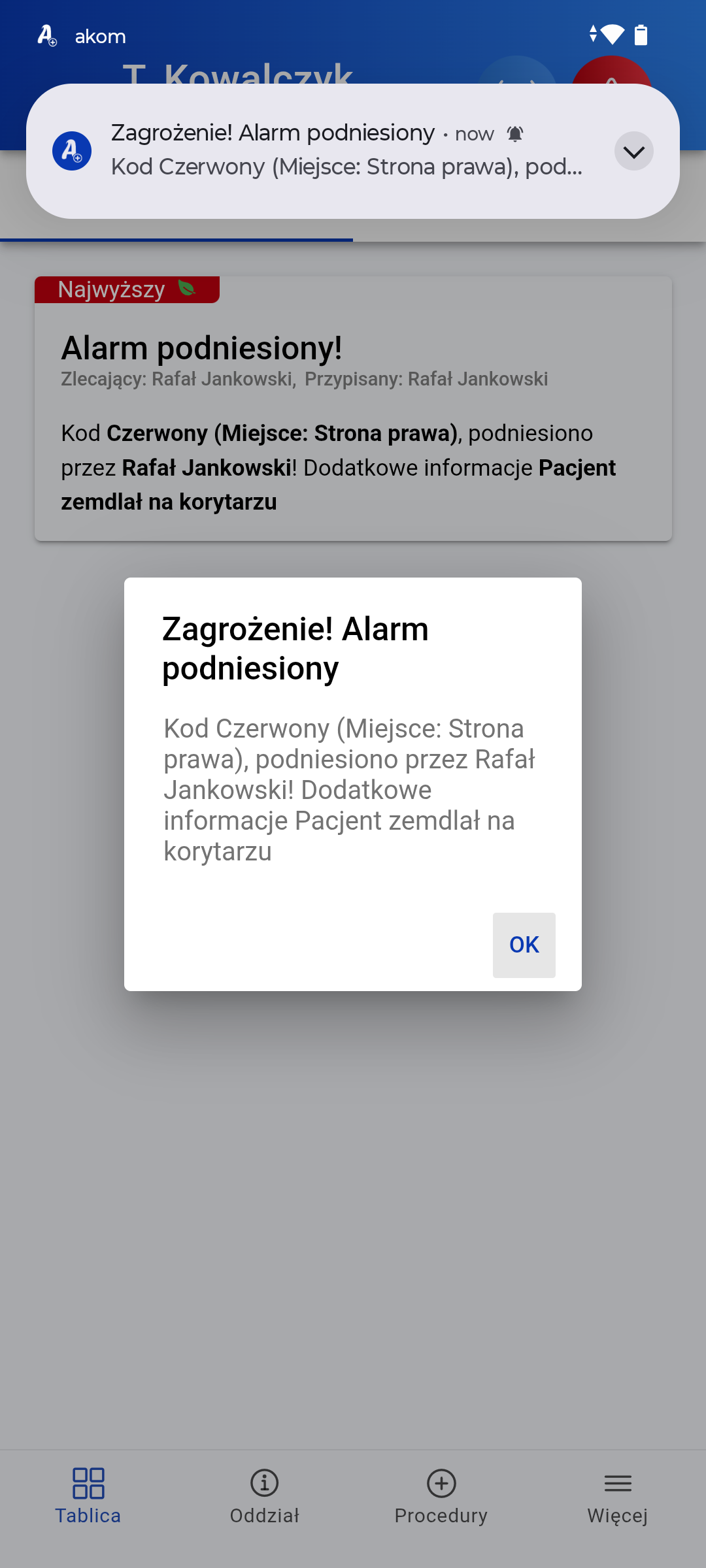 Alarm na urządzeniu odbiorcy — powiadomienie o najwyższym priorytecie